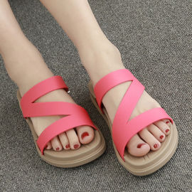 Ladies Pink Open Toe Summer Slippers Cross Toe Strap PVC Upper Material